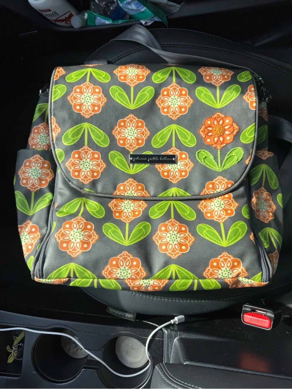 Petunia Pickle Bottom Boxy Backpack Gray Floral Diaper Bag - Excellent Condition